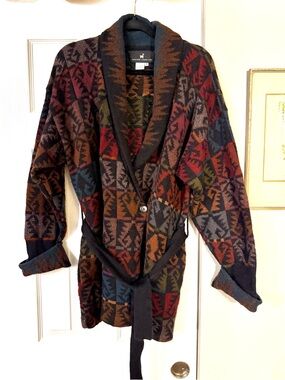 Peruvian Connection 100% Alpaca Tunic Length Belted Cardigan Geometric Knit